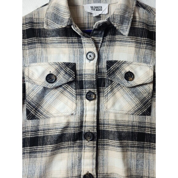 BB Dakota Steve Madden Women’s S Plaid Beige Black Shacket Flannel Button Down - Picture 9 of 9